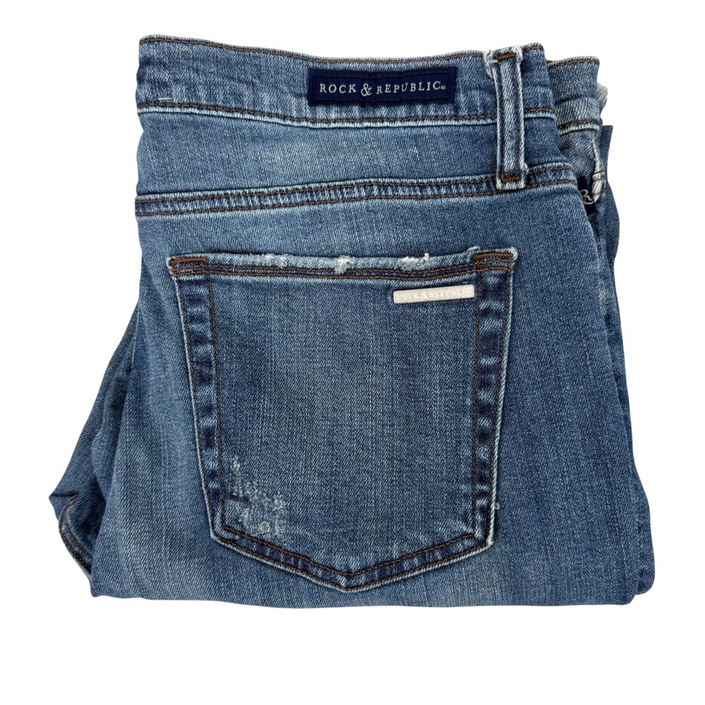 Rock & Republic Jeans Women 10 Blue Excellent Distressed Frayed Hem Straight
